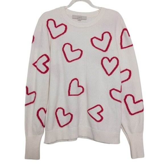LOFT Heart Sweater Womens Size Medium White Knit Cotton Blend Long Sleeve - Picture 1 of 8